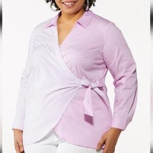 Cato Color Block Stripes Wrap Surplus Top Long Sleeved Collared Blouse 18/20W